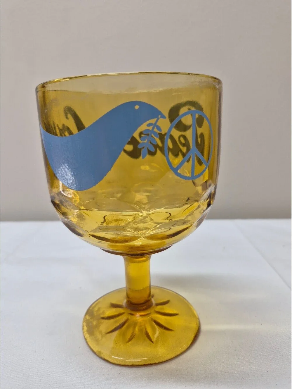 Vintage Amber Glass Goblet with Blue Peace and Love Design J24